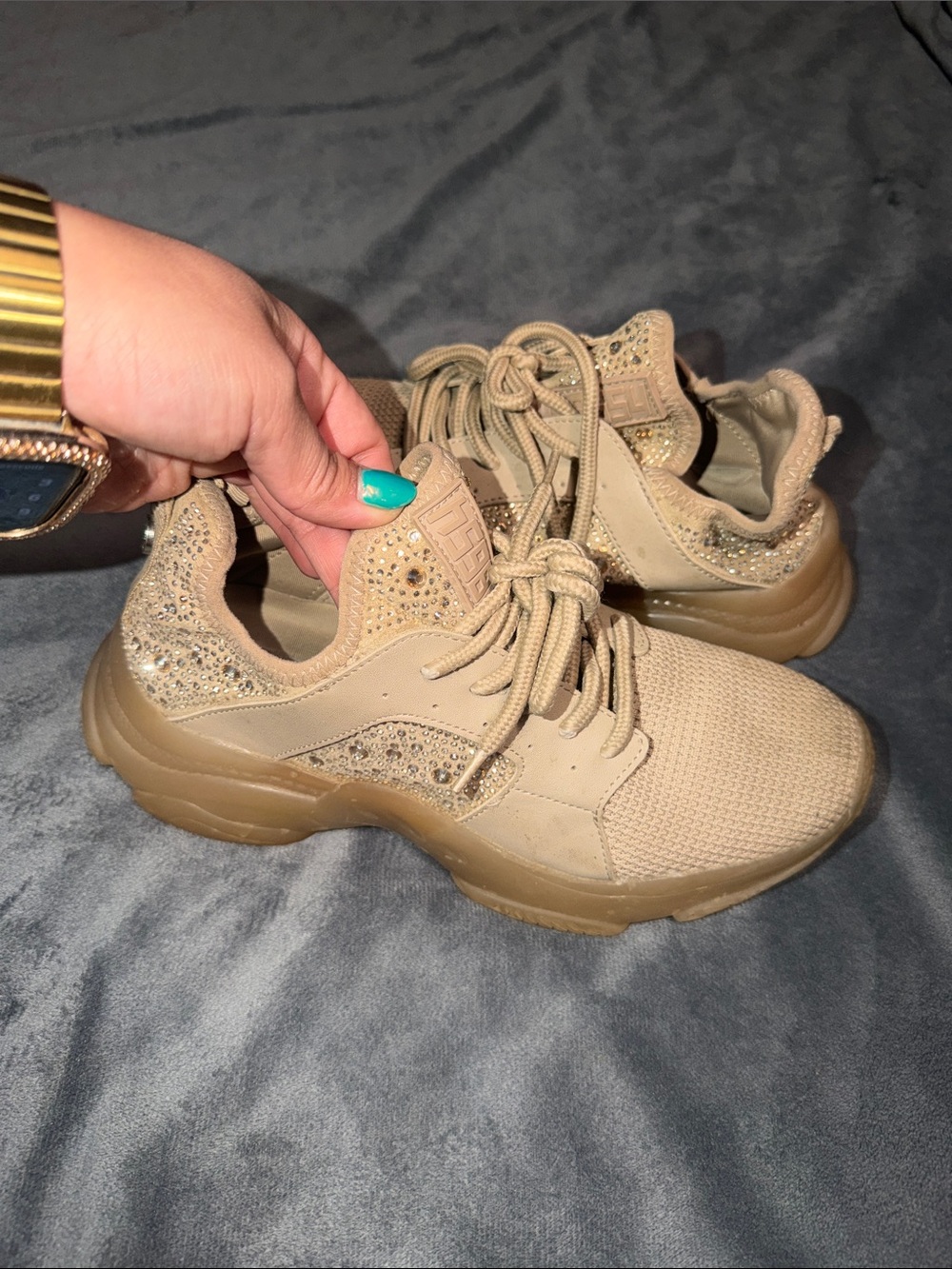Steve Madden Women’s Neutral Tan Fashion Sneakers with Rhinestone Accents